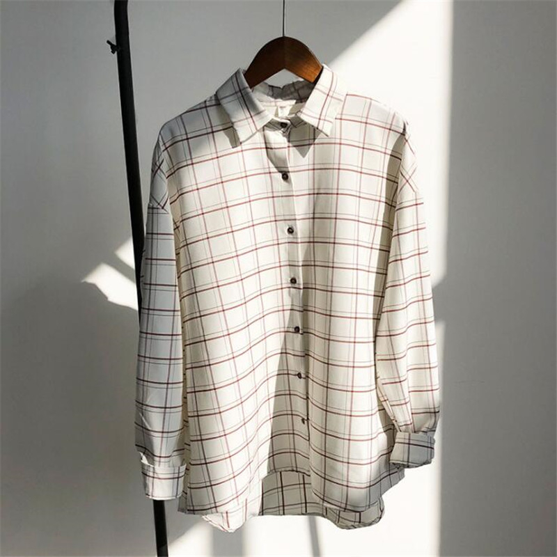 Loose Cotton Checkered Plaid College Blouses Shirt Cage Female Long Sleeve Casual Women Blouse Shirt Office Lady Tops T200319