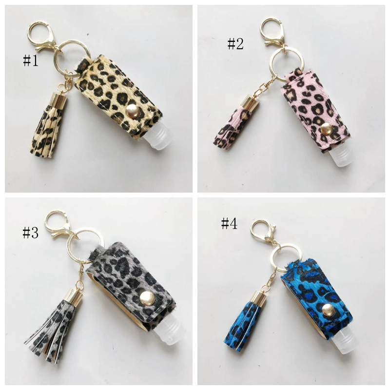 Leopard Sanitizer Keychain PU Leather Sanitizer Bottle Holder Tassels Keychain Plastic Travel Bottle Carrier Container Girl Gift 4 Style6206