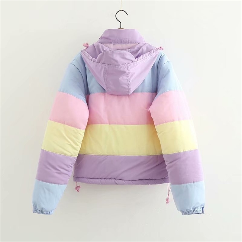 Flectit Lazy Pastel Puffer With Hood Warm Padded Coat Women Winter Rainbow Bomber Jacket Harajuku * Y201001