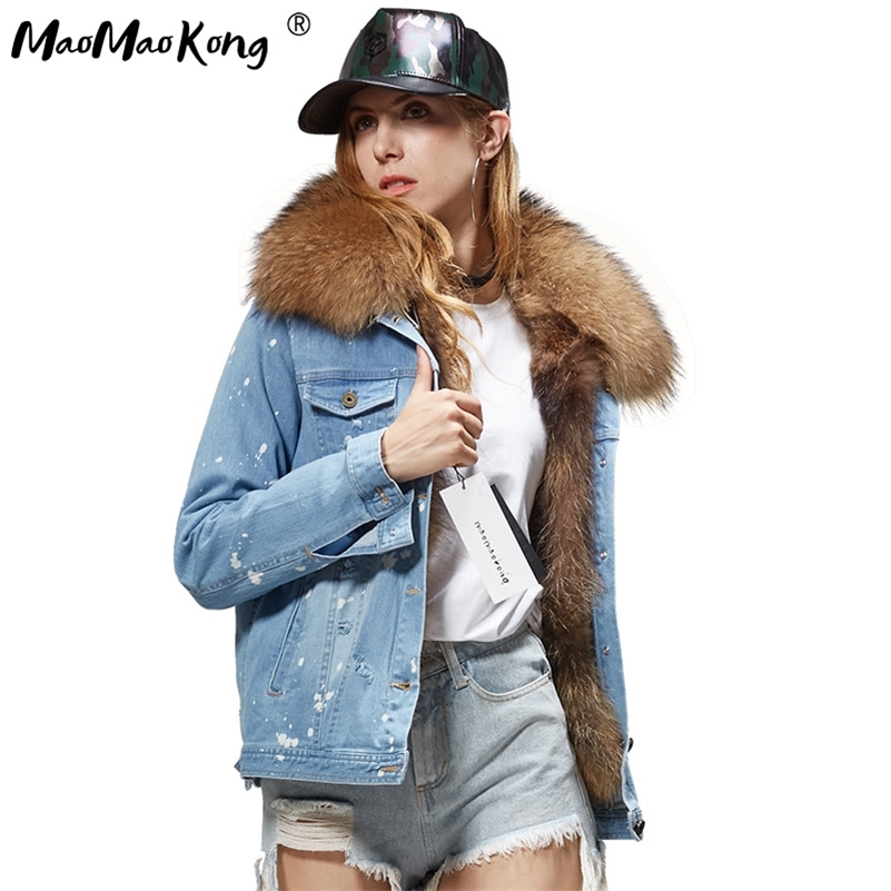 new denim parker raccoon fur, real fur 100% fur short jacket with detachable liner 201217