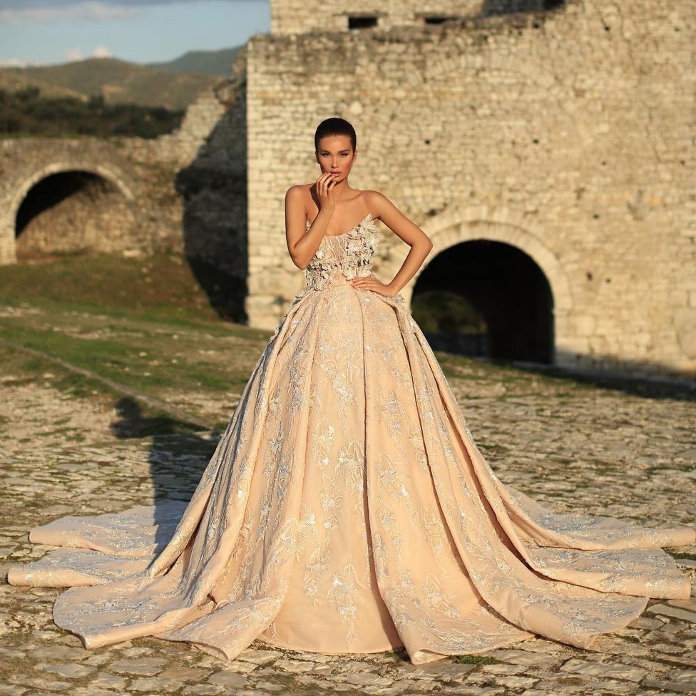 Lace Wedding Champagne Dresses Strapless Neck A Line Sequined Bridal Gowns 3D Appliqued Sweep Train Robe De Marie ppliqued