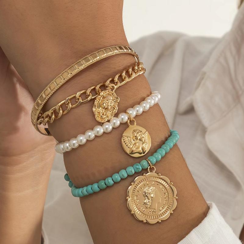 Charm Bracelets 4PCS Exaggerated Retro Embossed Portrait Bracelet Set Personality Bohemian Beaded Elastic Women
Charm Bracelets 4PCS Exaggerated Retro Embossed Portrait Bracelet Set Personality Bohemian Beaded Elastic Women