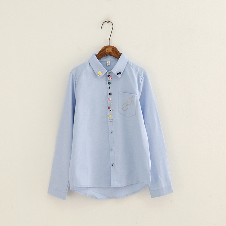 Buttons Eyeglasses Embroidery Mori Girl Cotton Blouse B3
