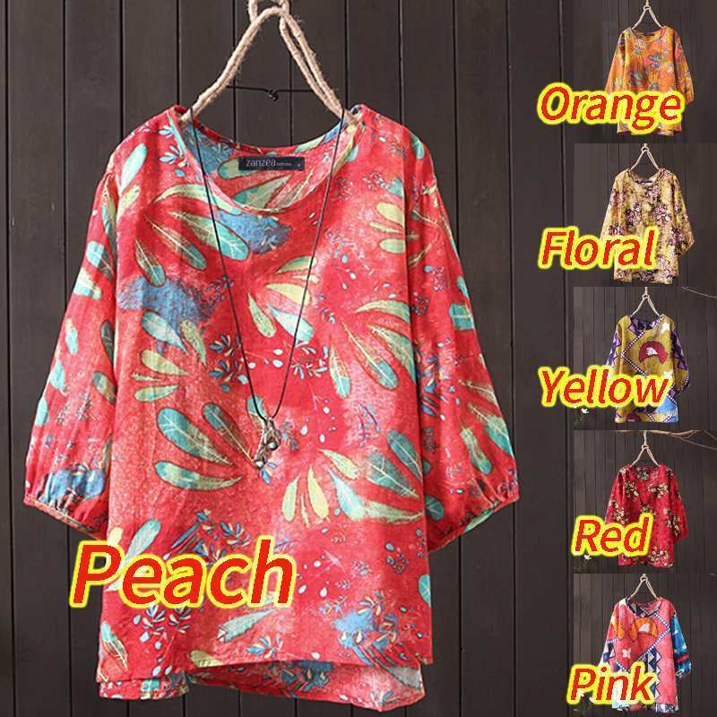 Summer Women O Neck 3/4 Sleeve Blouse Vintage Floral Printed Tops Retro Flower Shirt Casual Losse Blusas Oversize Chemise T200321