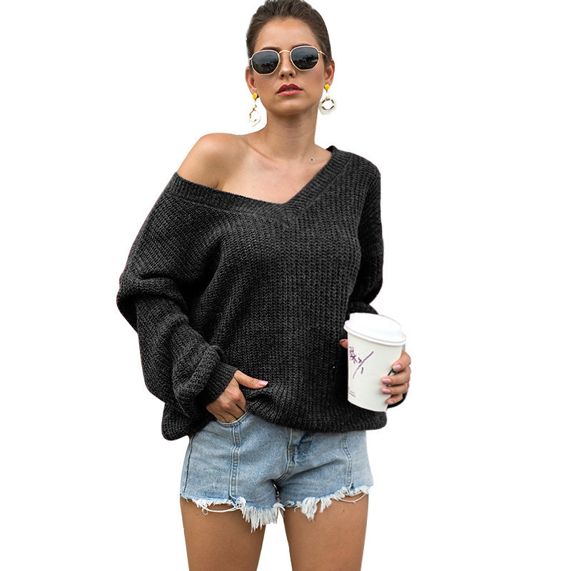 autumn and winter new fashion solid color women's deep v-neck open back lace pullover sweater 210203