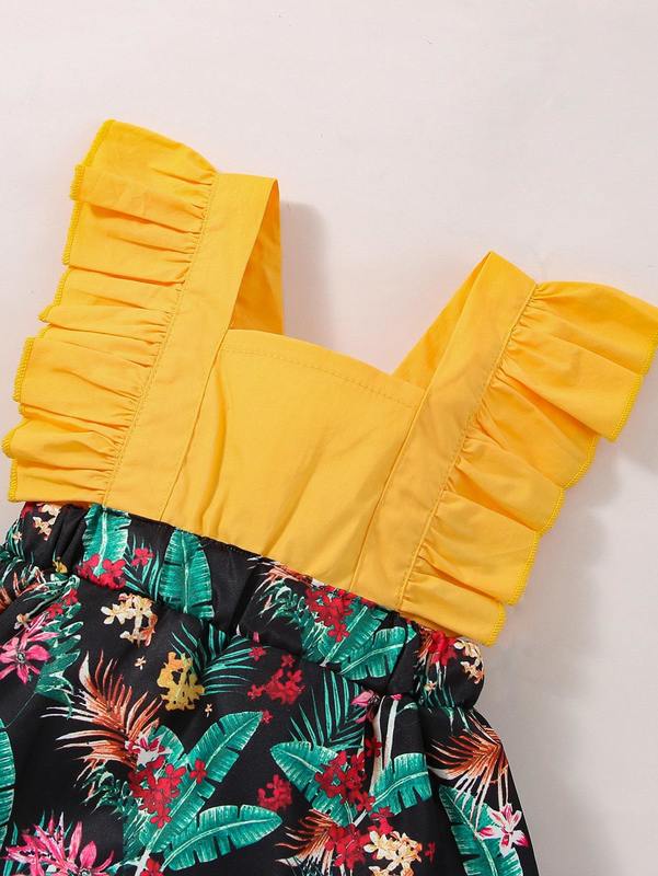 Baby Tropical Print Ruffle Trim Square Neck Dress SHE