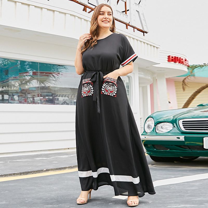 Siskakia Plus Size Dresses Summer New O Neck Short Sleeve Maxi Dress Black Ethnic embroidery Women Clothing Big Size T200601