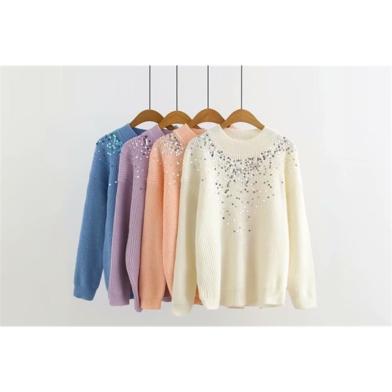 Sequined Sweater Women Knitting Pullover Sweater Autumn Winter Jumpers Solid Color Korean Style Women Clothes 201201
