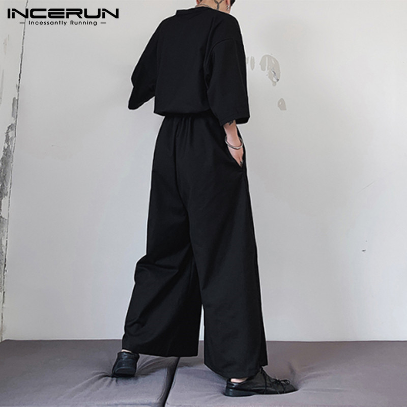 INCERUN Fashion Men Wide Leg Jumpsuit Solid Punk V Neck Half Sleeve Overalls Streetwear Mens Pants Baggy Casual Rompers 5XL 200930