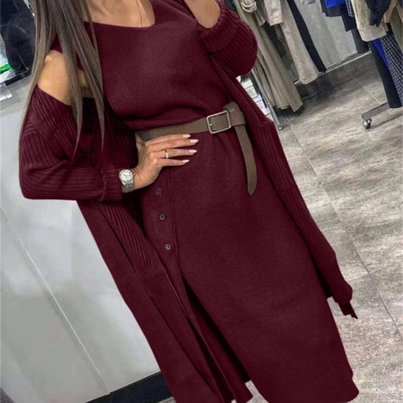 Taotrees Women's knitting Suit Two Piece Set Knit Cardigan Loose Sweater Coat with Belt 201031