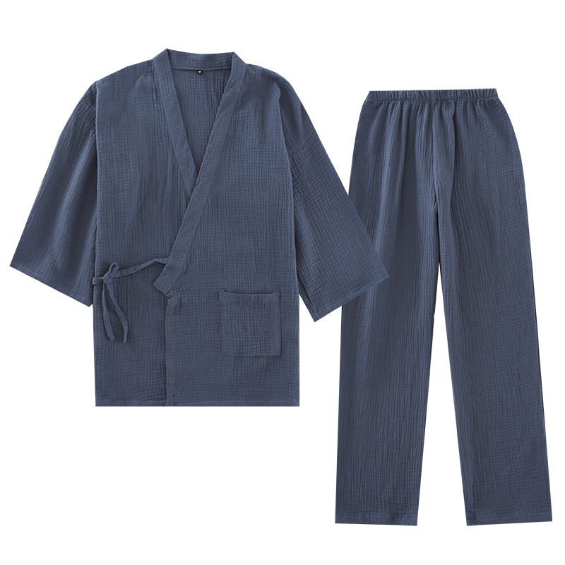 Men and Women 100% Cotton Pajamas Plus Size Loose Bathrobes V-Neck Kimono Pijama Mujer Three Quarter Sleepwear Couple Sleepwear 201031