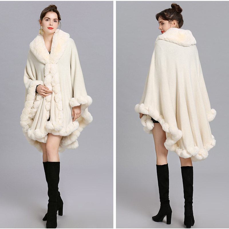 Elegant V Lapel Rex Rabbit Fur Coat Cape Winter Women Big Long Shawl Full Trim Faux Fur Cashmere Cloak Overcoat Parka New 201209