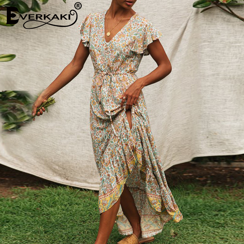 Everkaki Floral Print Long Dress Boho Summer Vestidos Buttons Sashes Ladies Gypsy Maxi Dresses Casual Female Spring New T200603
