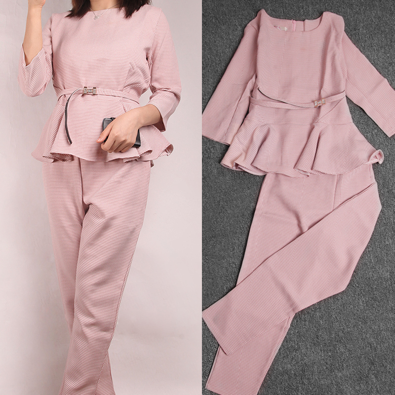 Autumn Spring Fashion Women's Business Pants Suits Office Lady Plaid Checker Ruffles Suits for Women 2 Pieces Set T200818
