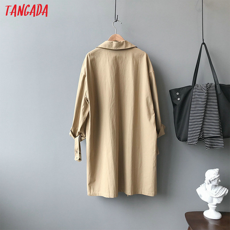 Tangada women oversized khaki long trench coat fashion elegant long sleeve ladies high street loose outwear ASF02 201211