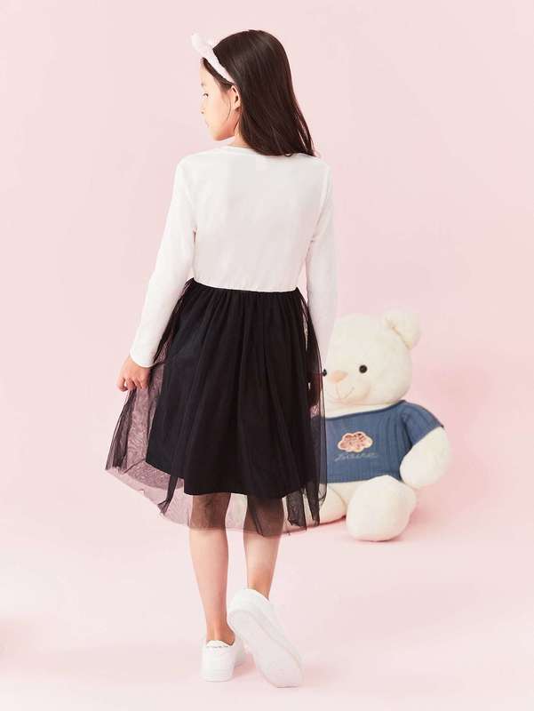 Girls Bow Detail Cat Print Mesh Overlay Dress SHE