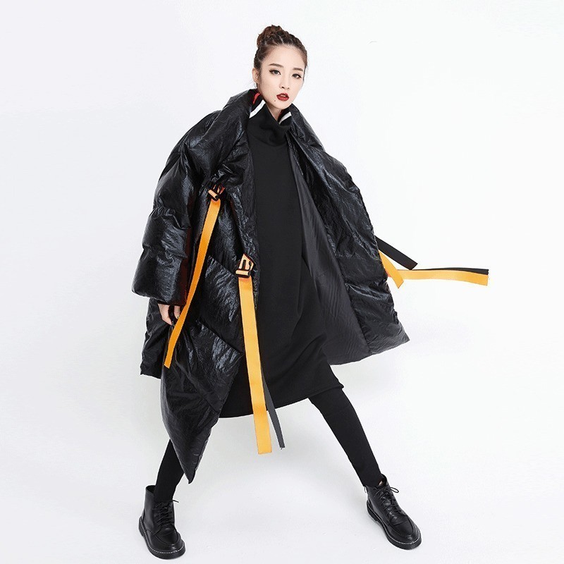 CHICEVER Ribbons Women's Winter Down Jackets Stand Collar Long Sleeve Asymmetric Jacket Female Fashion Clothes Tide 201127