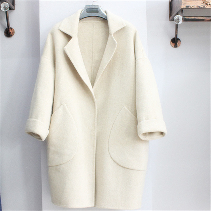 Women Solid Medium Long Woolen Coat Ladies Pocket Open Stitch Turn Down Collar Coats Autumn Winter Female Casual Outerwear 201215