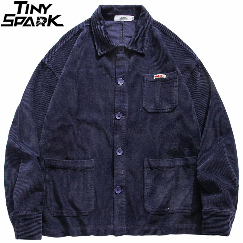 Mens Hip Hop Streetwear Jacket Vintage Retro Corduroy Jacket Coat Autumn Button Loose Bomber Jacket Pockets Cotton Red Blue 201218