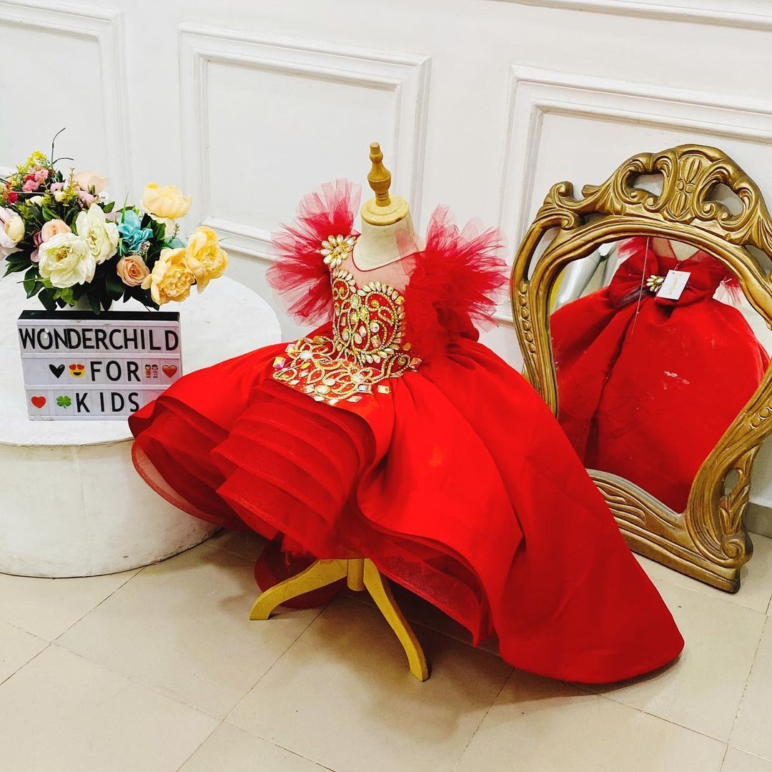 Red Beaded Ball Gown Girls Pageant Dresses High Low Princess Flower Girl Dress Floor Length Tulle Tiered First Communion Gowns 415