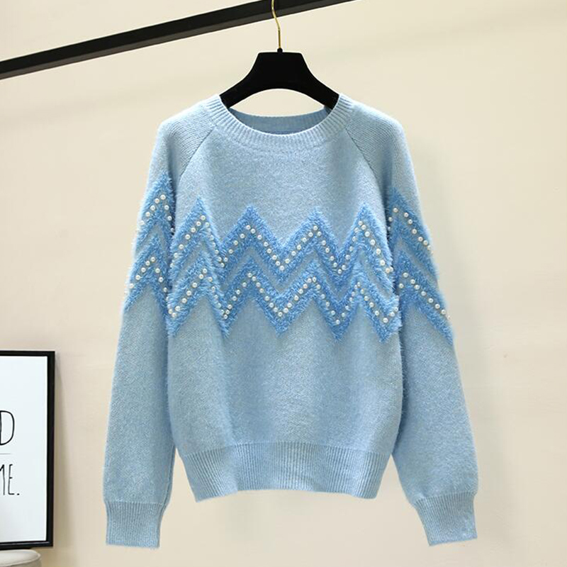 SURMIITRO Pearl Beading Knitted Sweater Women Autumn Winter Korean Long Sleeve Jumper Pullover Female Pink Loose Knitwear 201225