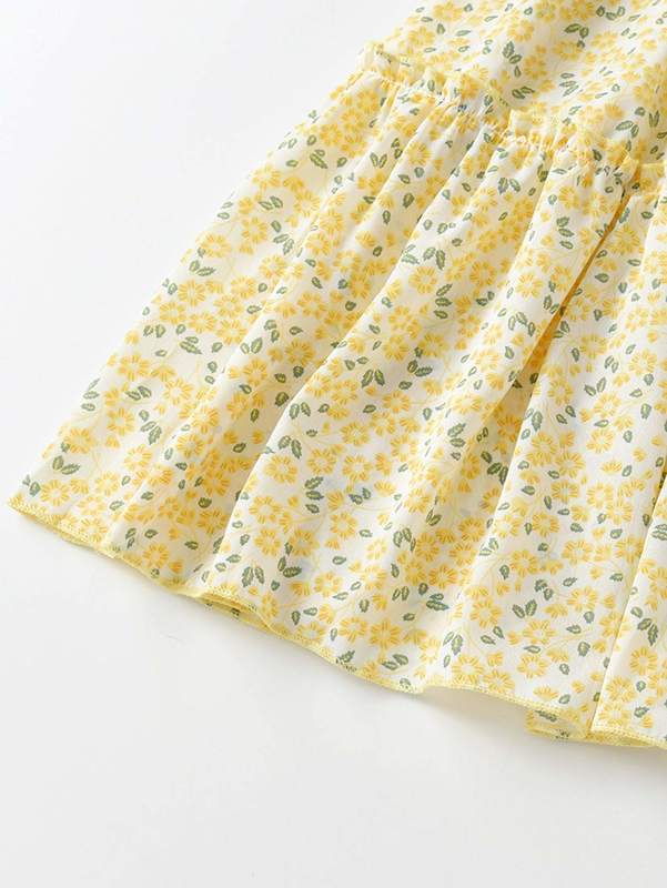 Girls Allover Floral Print Shirred Flounce Sleeve Ruffle Hem Dress SHE