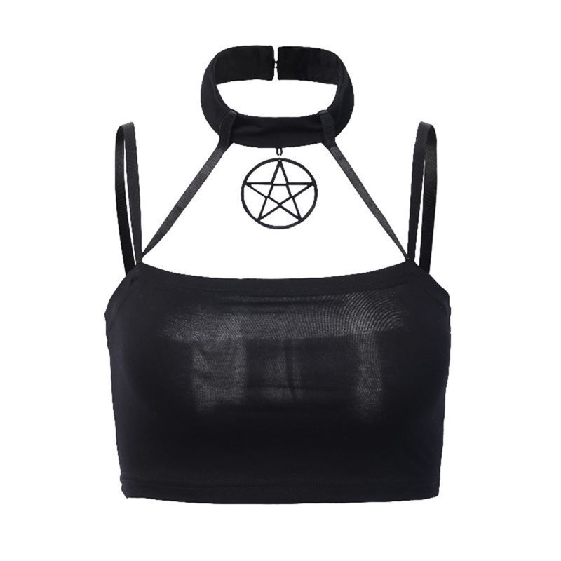 Summer Gothic Street Chic Sexy Club Punk Black Tank Tops Women Slim Halter Hollow Backless Goth Female Fashion Crop Tops T200729