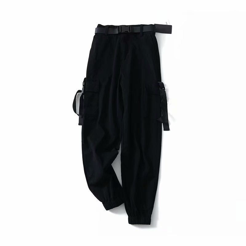 Spring Women BLACK Army Cargo Pants Unisex Hip Hop Sashes Trousers BF Harajuku Joggers High waist overalls loose casual Pants 201113