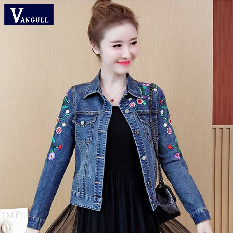 Vangull Plus Size 5XL Floral Women Denim Coat Embroidery Short Basic Ladies Jean Jacket Slim Flower Outwear Jackets 201112