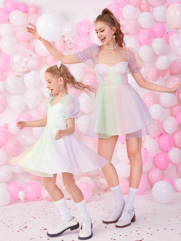 Girls 1pc Colorblock Puff Sleeve Mesh Overlay Dress SHE