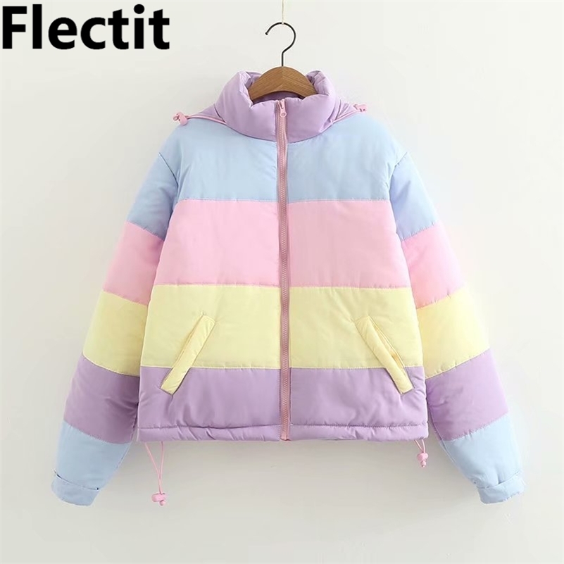 Flectit Lazy Pastel Puffer With Hood Warm Padded Coat Women Winter Rainbow Bomber Jacket Harajuku * Y201001
