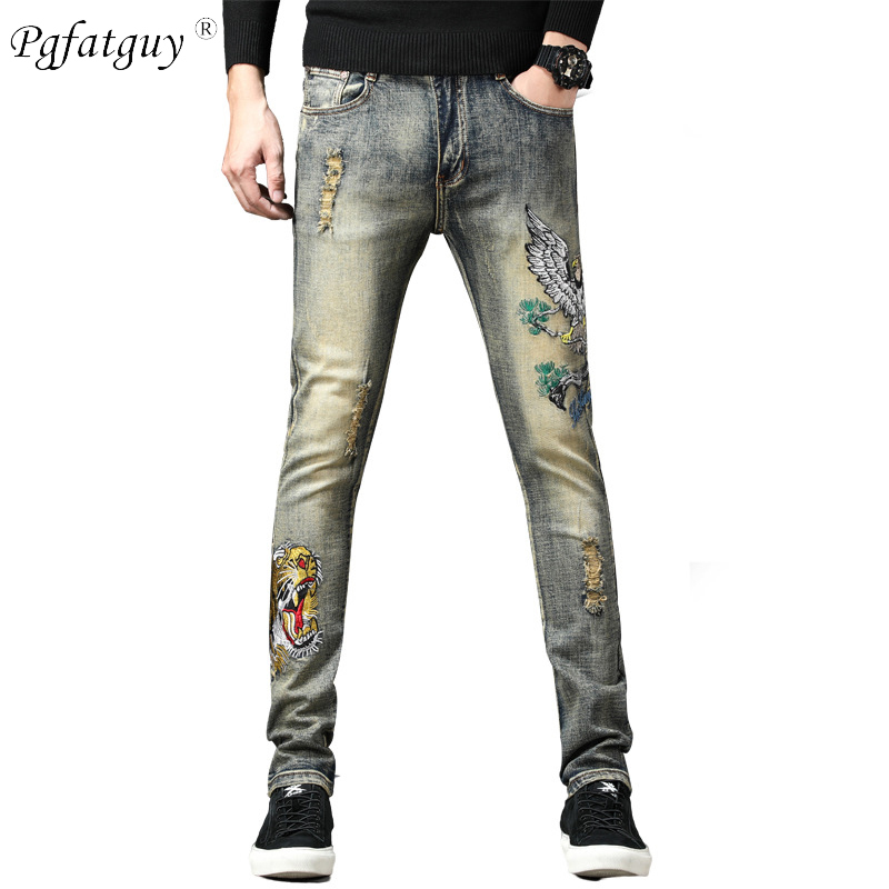 New Men Vintage Sets Embroidered Red Crowned Crane Hole Distressed Jackets + Embroidered Tiger Jeans Mens Clothing 2 Piece Set LJ201124