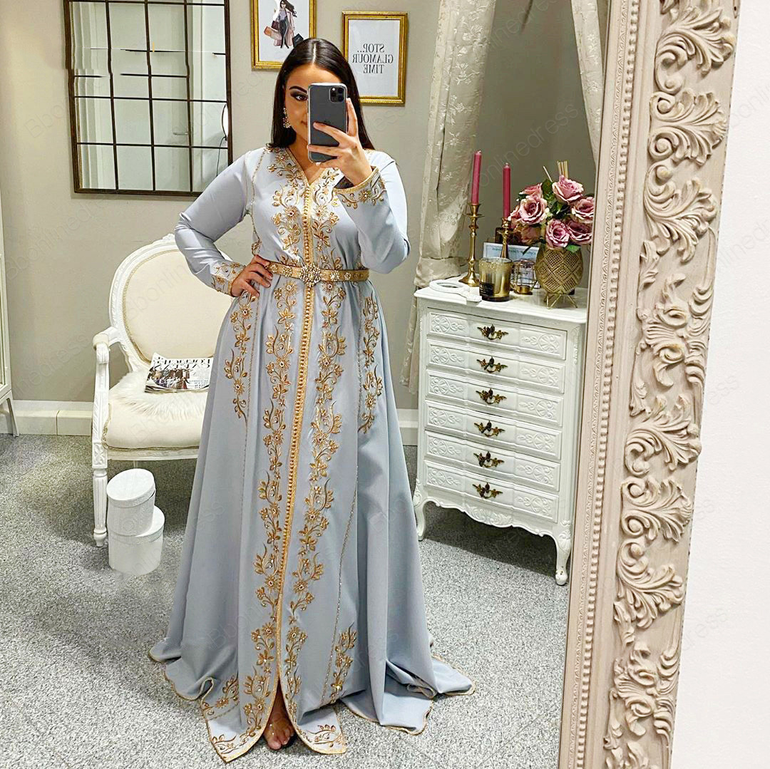 Elegant Moroccan Kaftan Evening Dresses Gold Beaaded Caftan Dresses Embroidery Lace Dubai muslim Woman Formal Party Gowns For Mariage Reception Prom D