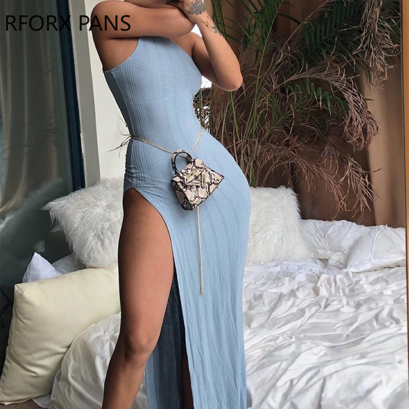 Women Solid Halterneck Side Split Maxi Dress Elegant Bodycon Sexy Party Dress T200604