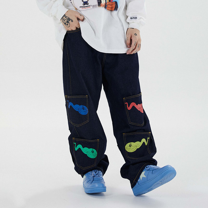 IEFB /men's wear hip hop black jeans New fashion Male's tadpole printed multi-pocket casual denim pants high street 9Y3235 201111