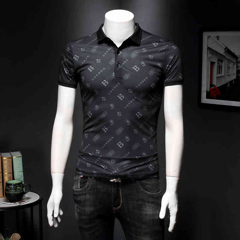 Men's Polos summer ice silk polo shirt men's letter printing brand lapel short sleeve T-shirt business casual KJ46, Dark blue