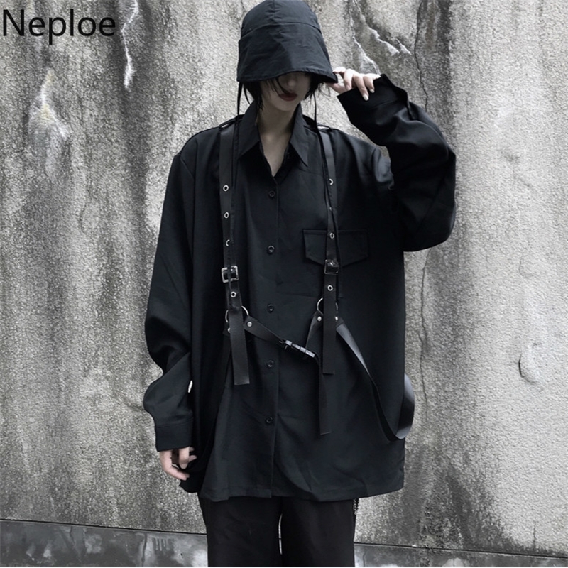 Neploe Vintage Long Sleeve Black Blouse Harajuku Women Men Shirt Autumn Korean Bandage Blusas Medium-long Tops Coat 55503 201201