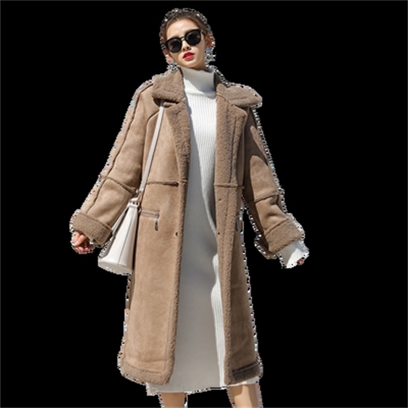 Korea Winter Women Faux Sheepskin Suede Suede Coat Thick Coat Flocking Wool Women's Long Leather Coats Plus Size Outerwear 201020