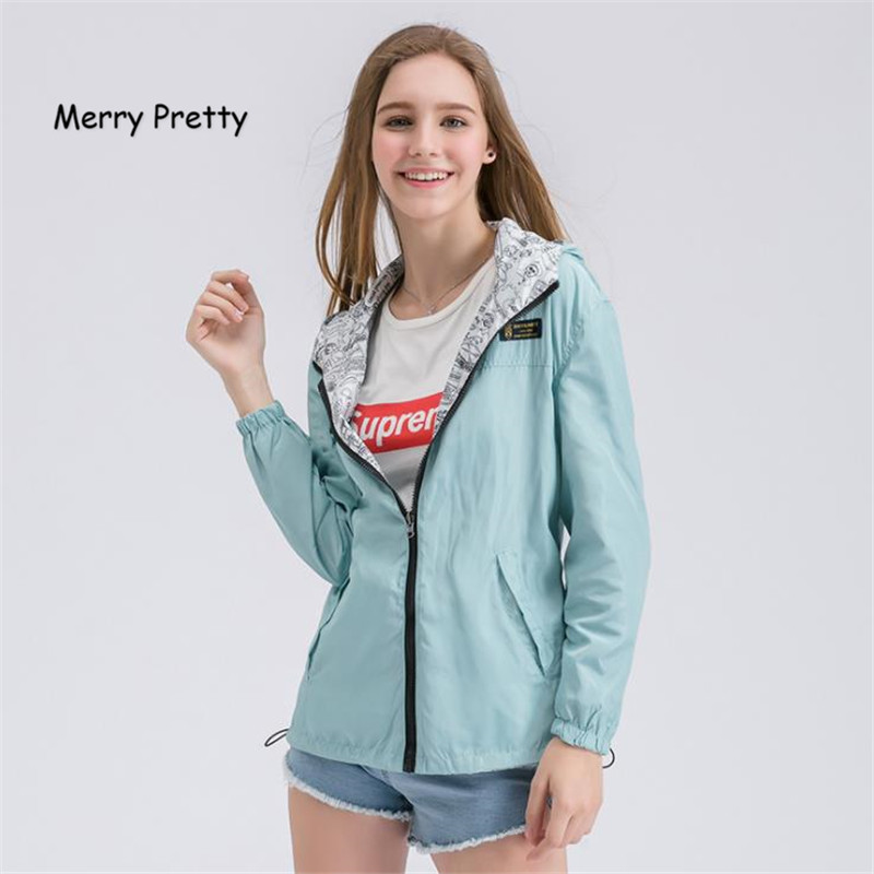 MERRY PRETTY Autumn Women Bomber Basic Jacket Pocket Zipper Hooded Two Side Wear Cartoon Print Outwear Loose Coat 201017
