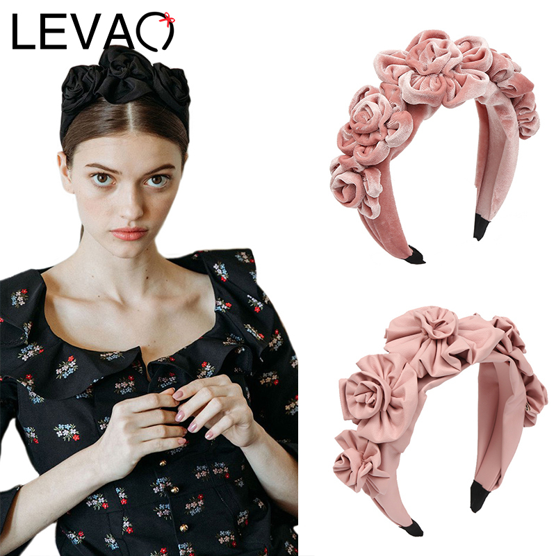 LEVAO Velvet Flower Headband Elegant Synthetic Leather Hairbands Bezel Turban Women Girls Hair Accessories Hair Hoop Headwear LJ200903