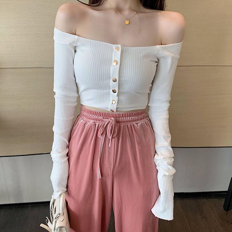 Sexy Slash Neck Short Knitted Tops Women Solid Color Long Sleeve T Shirt Korean Fashion Long Sleeve T Shirts, Black
Sexy Slash Neck Short Knitted Tops Women Solid Color Long Sleeve T Shirt Korean Fashion Long Sleeve T Shirts, Black