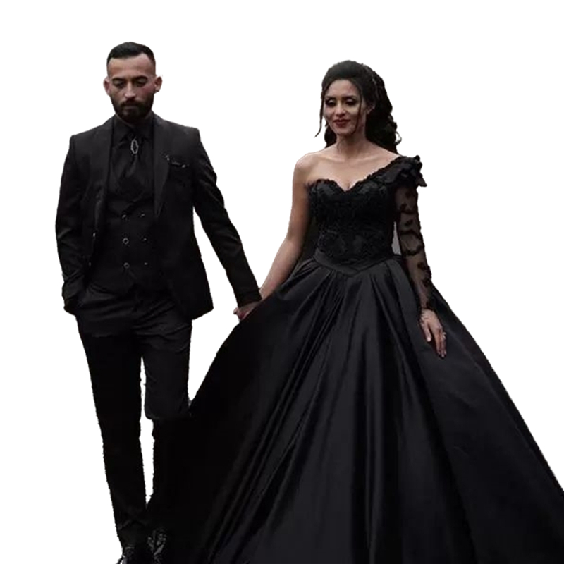 Vintage Gothic Black Wedding Dresses Ball Gown One Shoulder Long Sleeve Appliques Satin Dubai Arabic Bridal Wedding Gowns Court Train Country Garden V