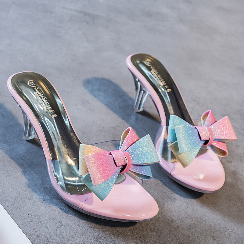 New woman high-heeled slippers 6. in butterfly-knot casual mules pvc transparent shoes, Pink
New woman high-heeled slippers 6. in butterfly-knot casual mules pvc transparent shoes, Pink