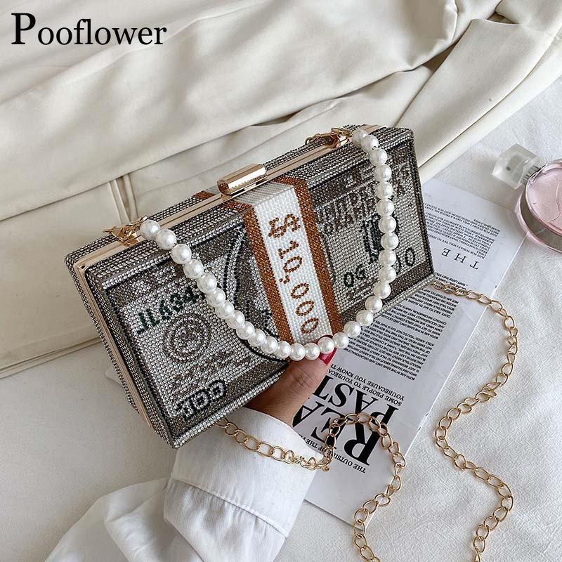 Pooflower Luxury Diamonds Stack of Cash Dollar Evening Bags Women Pearl Beaded Party Handbag Lady Mini Chains Shoulder Bag ZH227, Pink 
Pooflower Luxury Diamonds Stack of Cash Dollar Evening Bags Women Pearl Beaded Party Handbag Lady Mini Chains Shoulder Bag ZH227, Pink