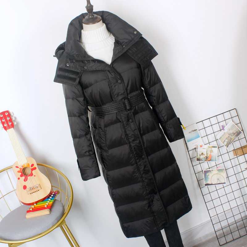 Winter Fashion Long White Duck Down Coat With Hood Detachable Female Thick Thin Warm Jacket With Belt Windproof Good Quanlity 201019