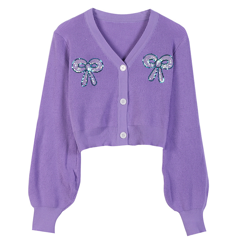 Winter New Style Purple Sequined Bowknot V-neck Thin Knit Sweater Cardigan Blouse Is Thin and Versatile Fashion Can Be Customized Jacket
Winter New Style Purple Sequined Bowknot V-neck Thin Knit Sweater Cardigan Blouse Is Thin and Versatile Fashion Can Be Customized Jacket