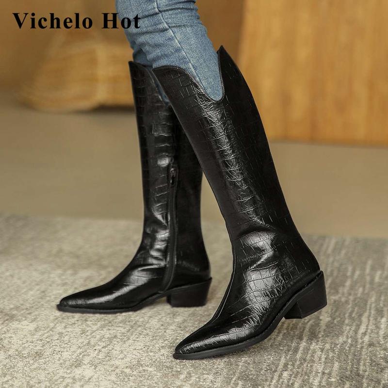 Vichelo Hot western boots split leather stone pattern three colors pointed toe thick high heel zipper dating knee-high boots L80, Beige
Vichelo Hot western boots split leather stone pattern three colors pointed toe thick high heel zipper dating knee-high boots L80, Beige