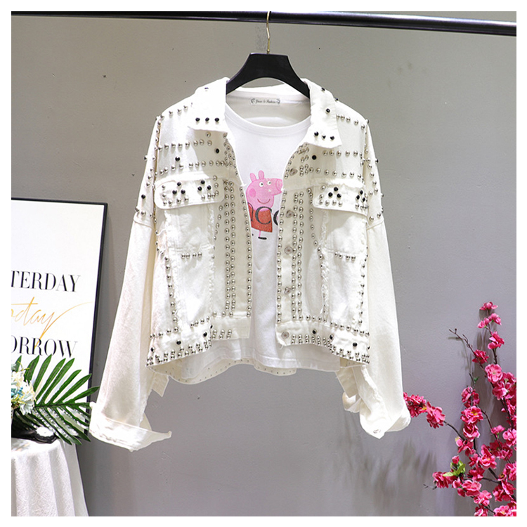 Spring Autumn Women's Harajuku Red Denim Jacket Coat Hand Beaded Rivet Short Black Jean Jackets Students Basic Coats Outfit T200828