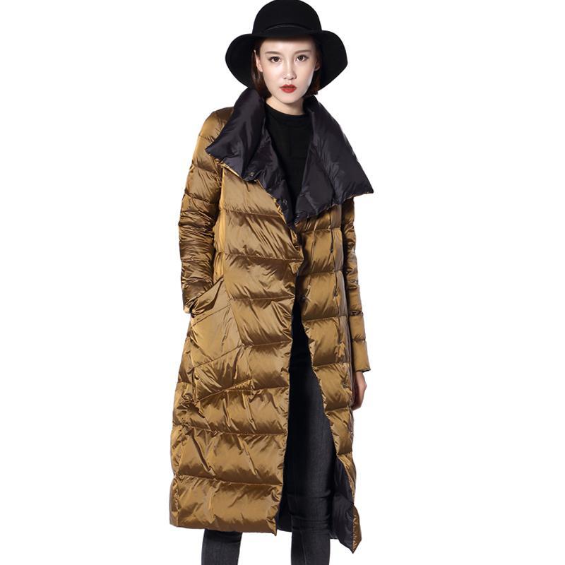 FTLZZ Women Double Sided Down Long Jacket Winter White Duck Down Coat Double Breasted Warm Parkas Snow Outwear 201214