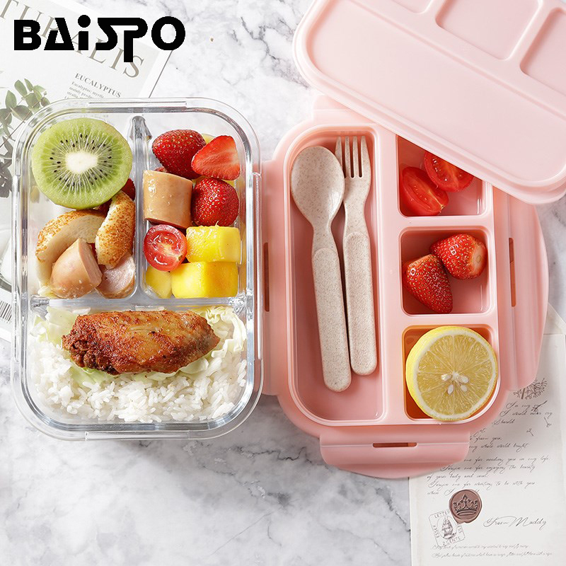 Baispo Lunch Box For Kids Glass Microwave Bento Box Food Container And Compartment Storage School Leakproof Kitchen Heated T200710